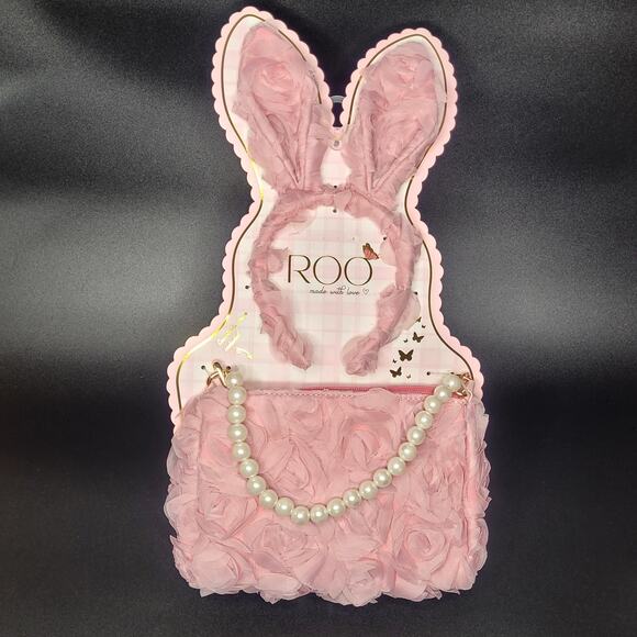 Roo Handbags - Girls Blush Pink Rose Easter Bunny Ears Headband & Handbag Pearl Strap Set‎ NWT